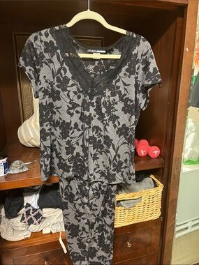 Studio Black & Gray Floral Lace-Trim Pajama Set